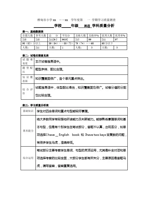 四年级英语月考质量分析及报告