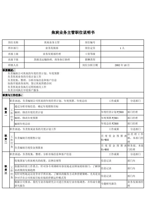 煤炭行业-集团公司-业务发展部-焦炭业务主管岗位说明书
