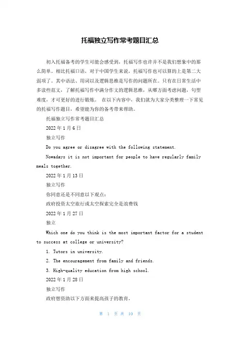 托福独立写作常考题目汇总