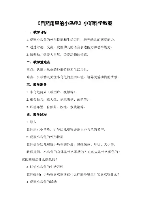 《自然角里的小乌龟》小班科学教案
