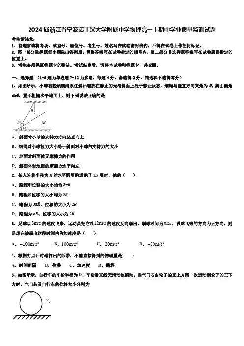 2024届浙江省宁波诺丁汉大学附属中学物理高一上期中学业质量监测试题含解析