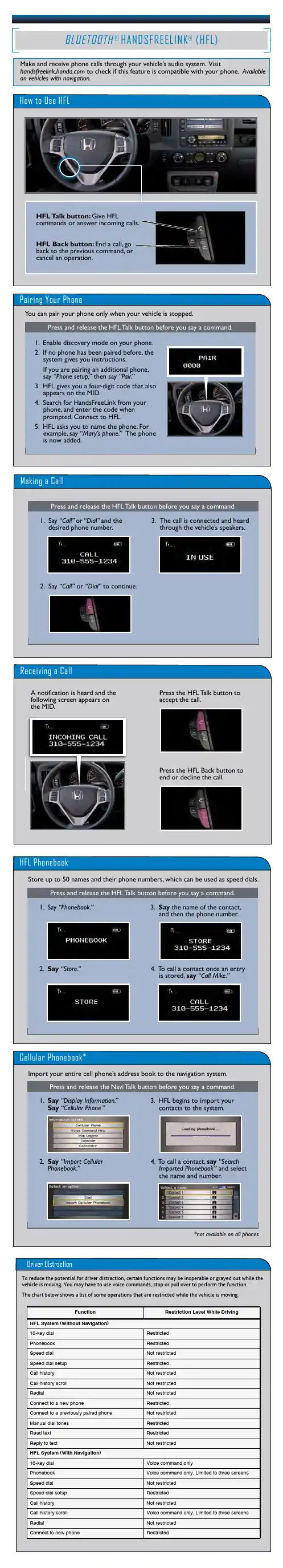 Honda HandsFreeLink 手机对讲系统用户指南说明书