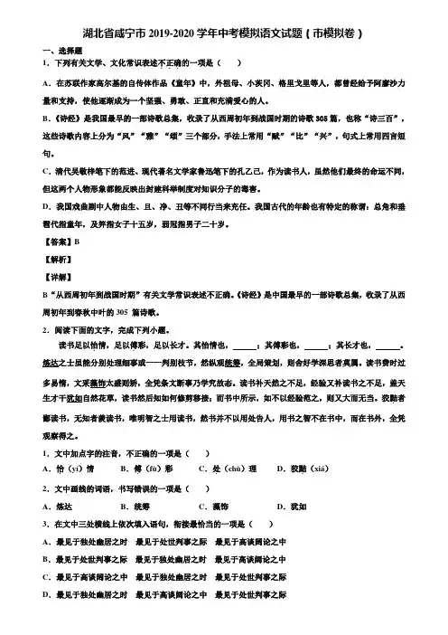 湖北省咸宁市2019-2020学年中考模拟语文试题(市模拟卷)含解析
