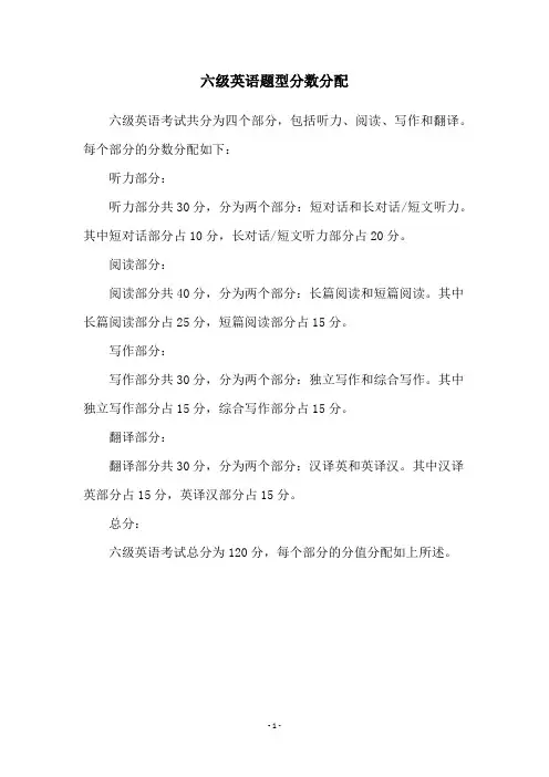 六级英语题型分数分配