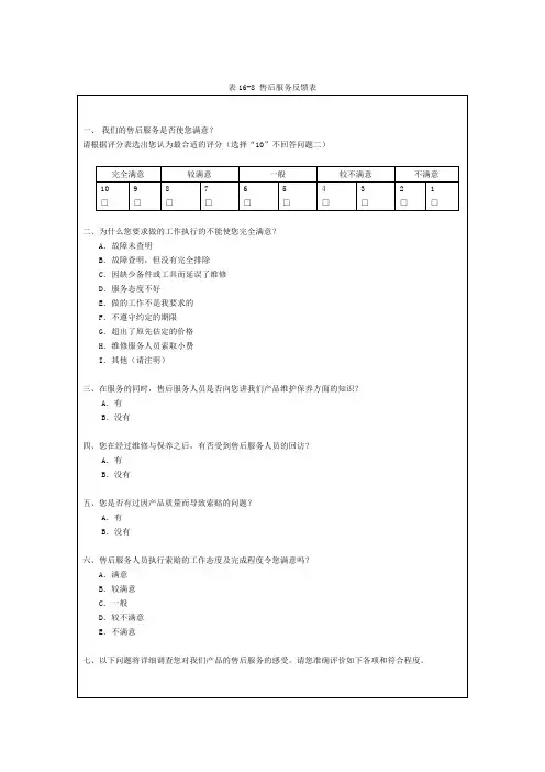 表16-8 售后服务反馈表