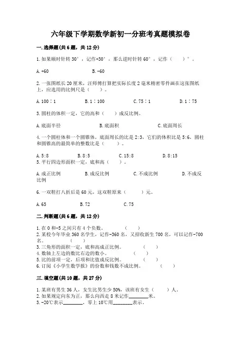 六年级下学期数学新初一分班考真题模拟卷(精品)