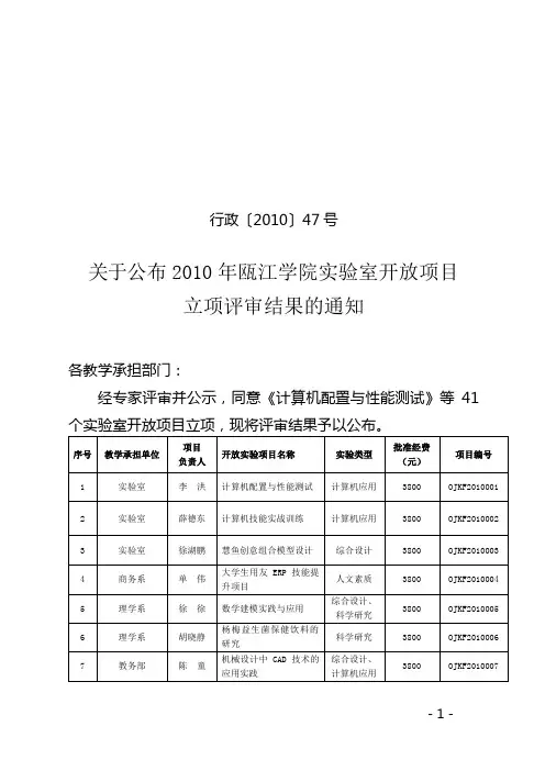 行政〔2010〕47号关于公布2010年瓯江学院实验室开放项目立项评审结果的通知