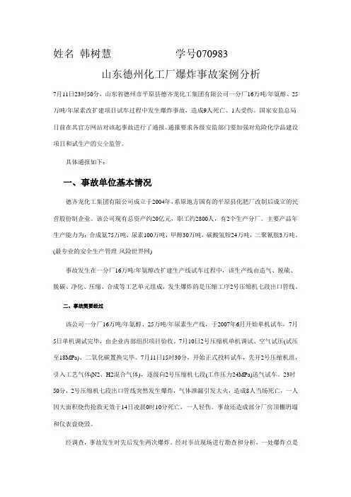 山东德州化工厂爆炸事故案例分析