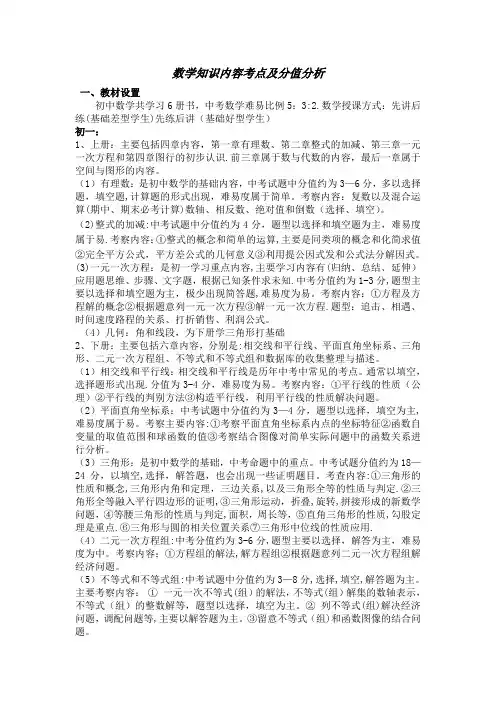 中考数学知识内容考点及分值分析