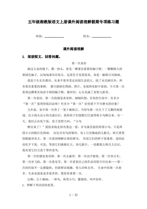 五年级湘教版语文上册课外阅读理解假期专项练习题