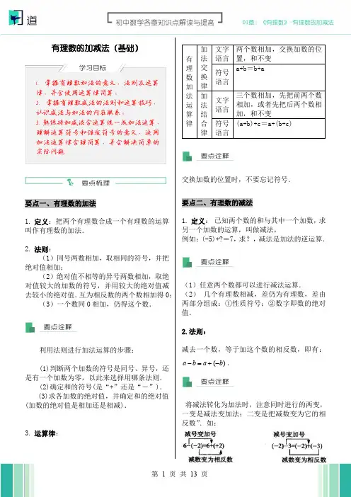 初一数学《有理数》04节：有理数的加减法知识点解读与提高