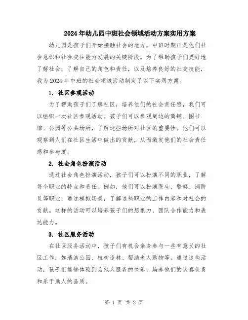 2024年幼儿园中班社会领域活动方案实用方案