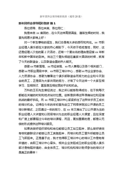 新年团拜会领导精彩致辞（通用20篇）