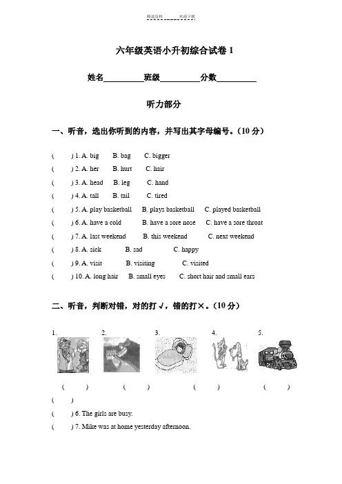 (人教PEP)六年级英语小升初综合试卷