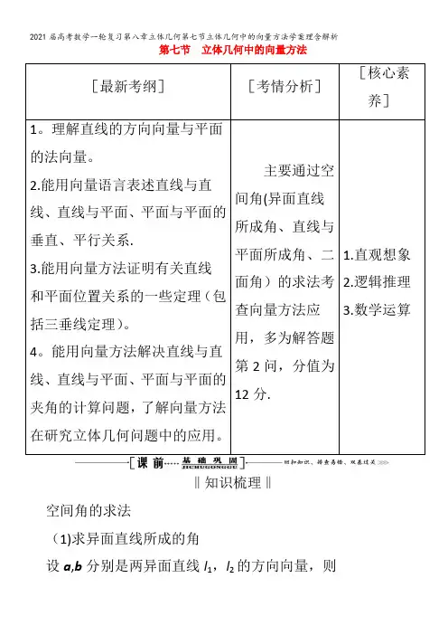 届数学一轮复习第八章立体几何第七节立体几何中的向量方法学案理含解析