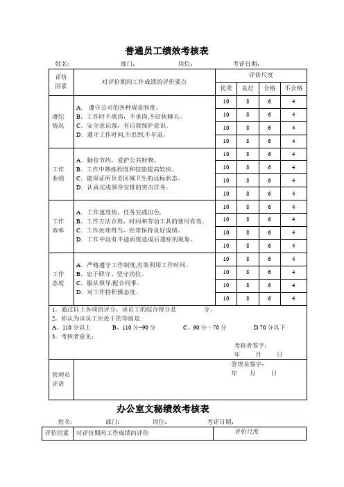 各岗位员工绩效考核表