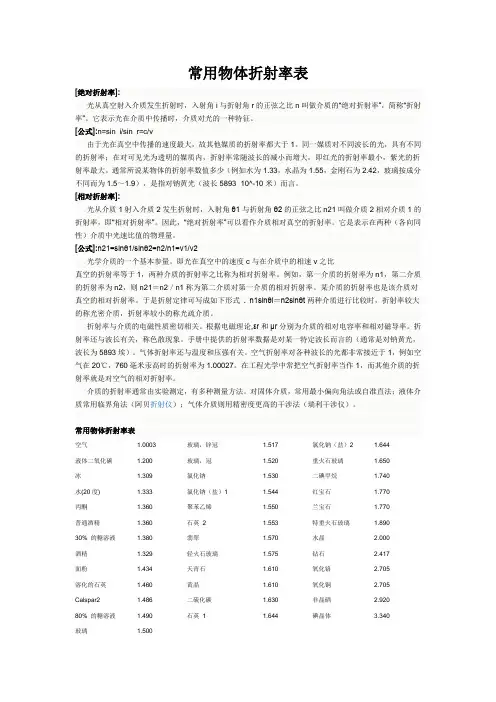 常用物体折射率表