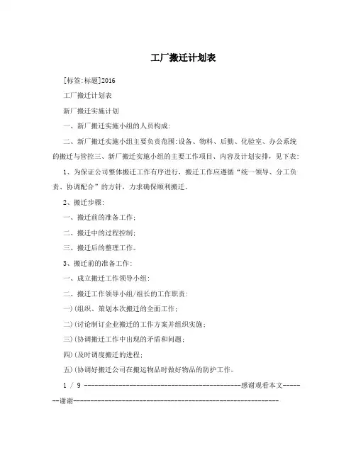 工厂搬迁计划表