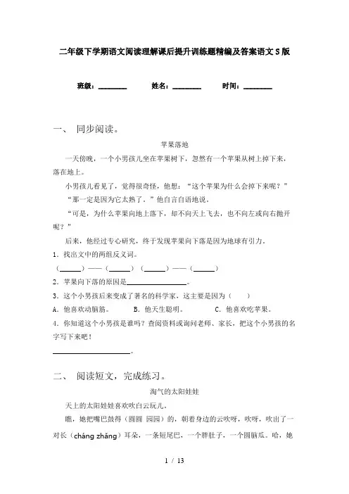 二年级下学期语文阅读理解课后提升训练题精编及答案语文S版