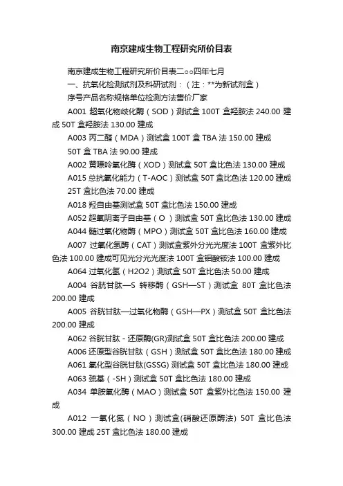 南京建成生物工程研究所价目表