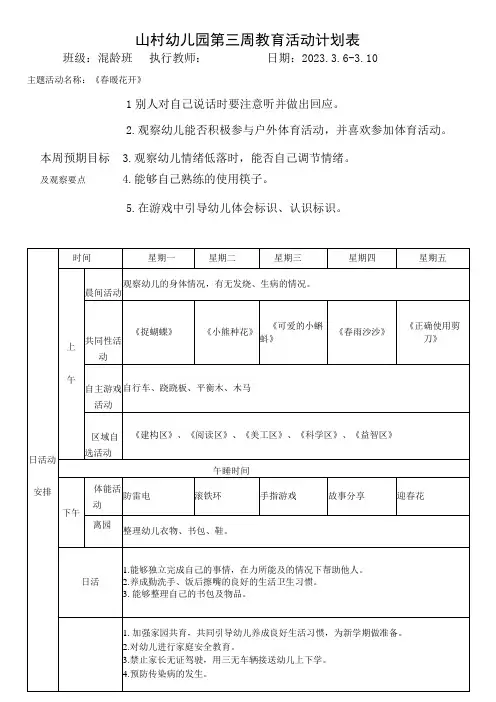 山村幼儿园第三周教育活动计划表
