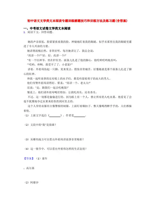 初中语文文学类文本阅读专题训练解题技巧和训练方法及练习题(含答案)