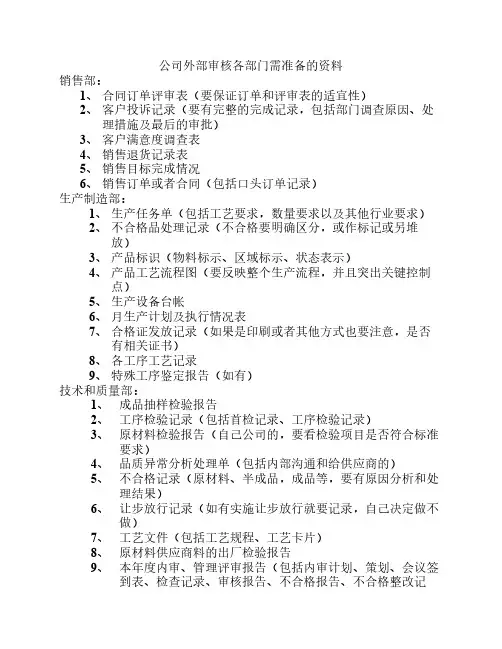 公司外部审核各部门需准备的资料