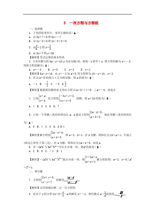 浙江省中考数学专题检测 5 一次方程与方程组
