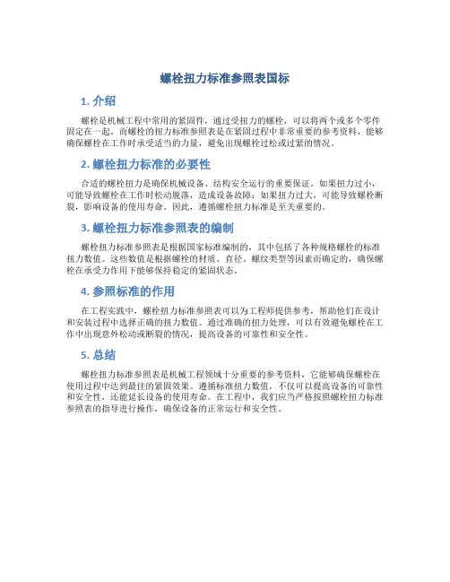 螺栓扭力标准参照表国标
