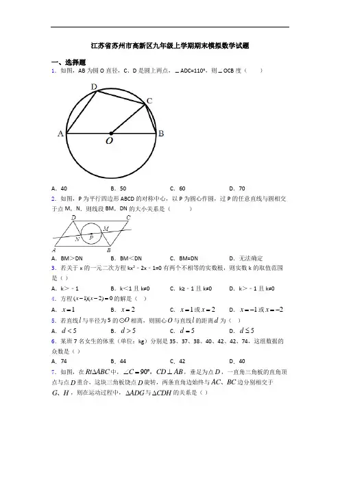 江苏省苏州市高新区九年级上学期期末模拟数学试题