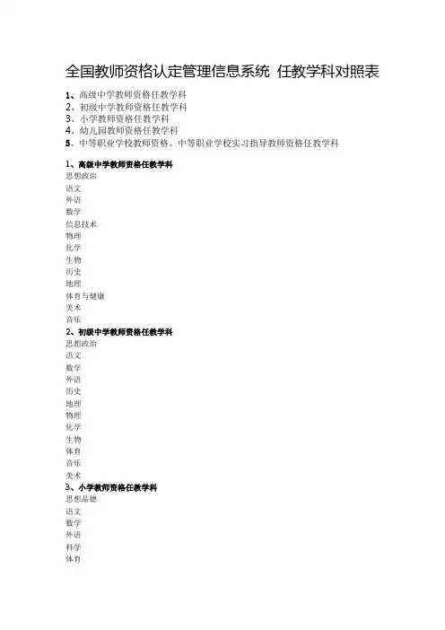 教师资格任教学科对照表