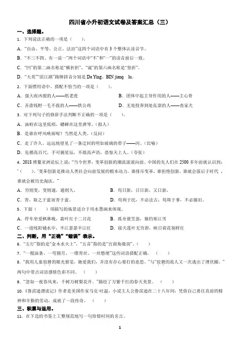 四川省小升初语文试卷及答案汇总(三)