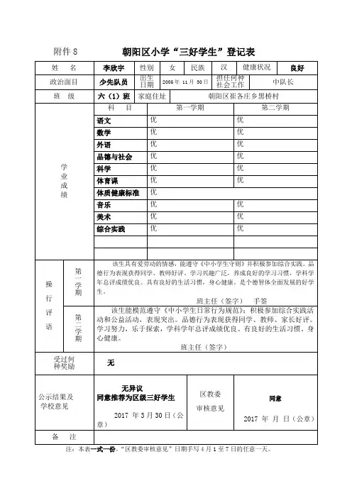 朝阳区小学三好生登记表