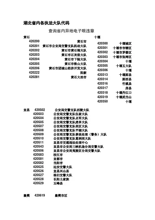 湖北省内各地电子眼违章代码查询