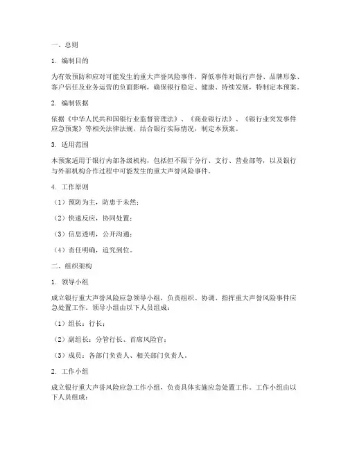 银行重大声誉风险应急预案