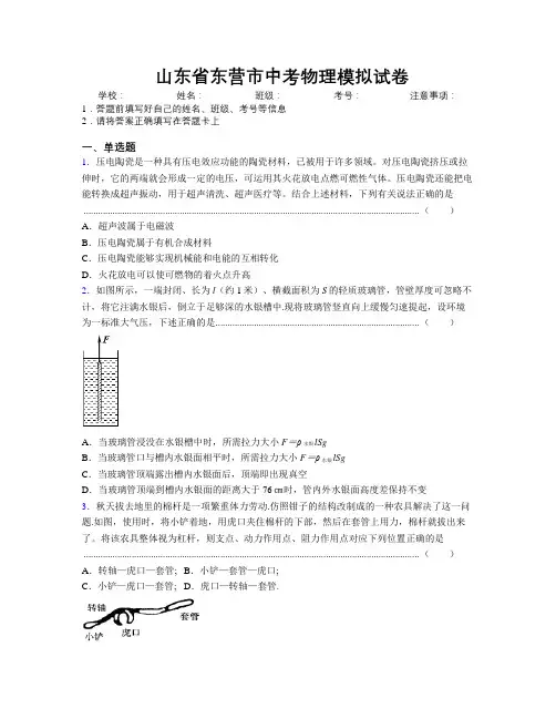 最新山东省东营市中考物理模拟试卷及解析