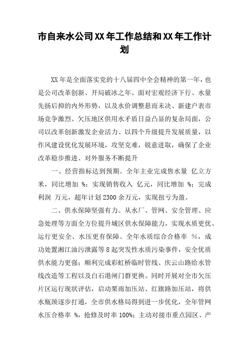 市自来水公司XX年工作总结和XX年工作计划