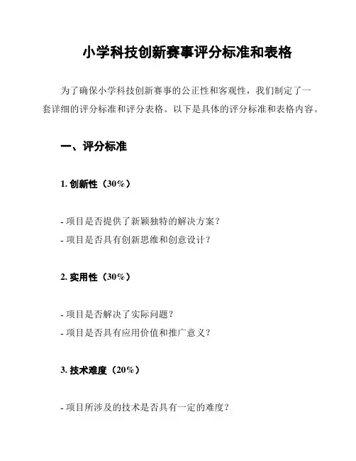 小学科技创新赛事评分标准和表格