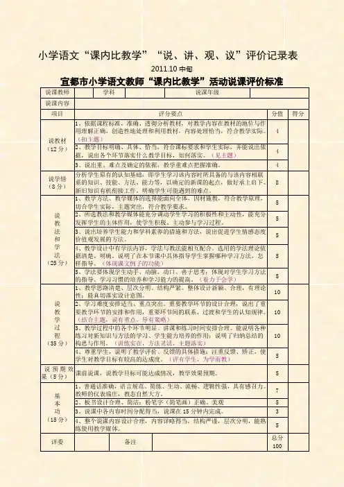 小学语文“课内比教学”“说、讲、观、议”评价记录表
