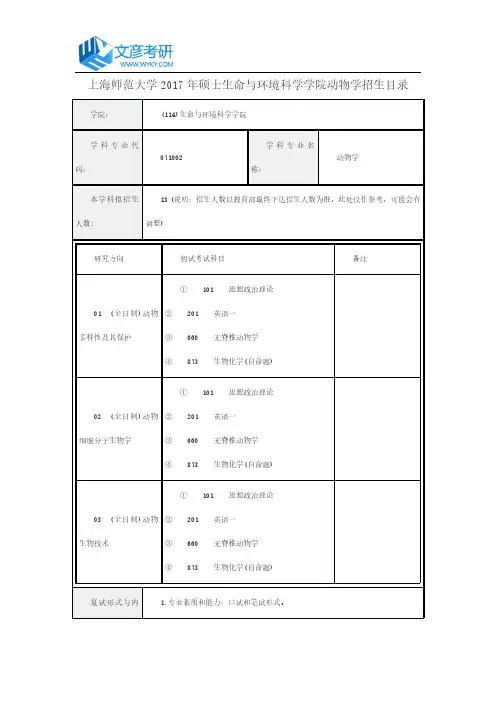 上海师范大学2017年硕士生命与环境科学学院动物学招生目录