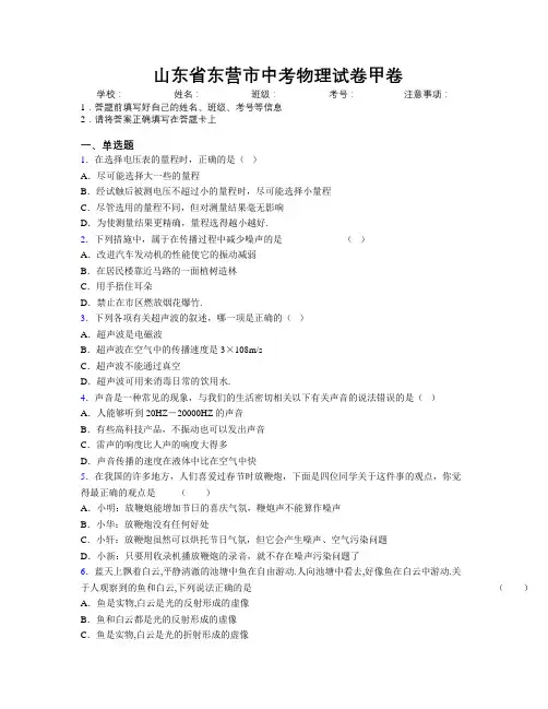 最新山东省东营市中考物理试卷甲卷及解析
