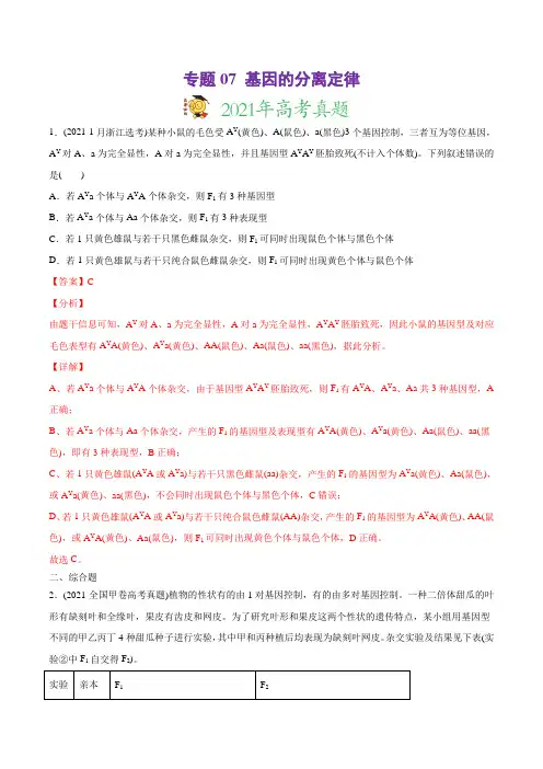 高中生物高考专题07 基因的分离定律-2021年高考生物真题与模拟题分类训练(教师版含解析)