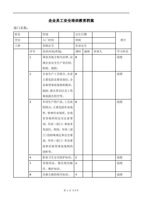 三级安全教育从业人员安全培训教育档案