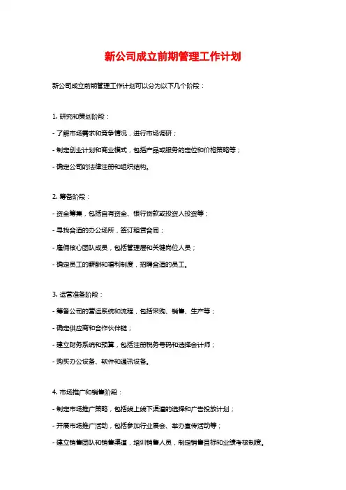 新公司成立前期管理工作计划