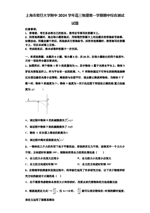 上海市复旦大学附中2024学年高三物理第一学期期中综合测试试题含解析