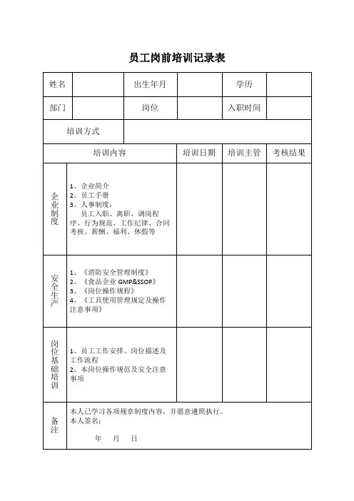 新员工岗前培训记录表