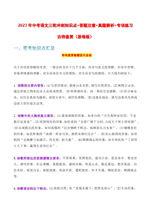 古诗鉴赏-2023年中考语文三轮冲刺知识点+答题注意+真题解析+专项练习(原卷版)