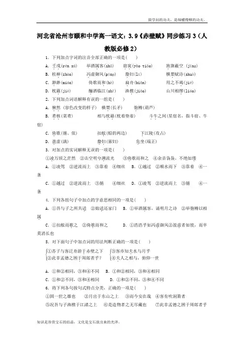 人教版高中语文必修二3.9赤壁赋同步练习3