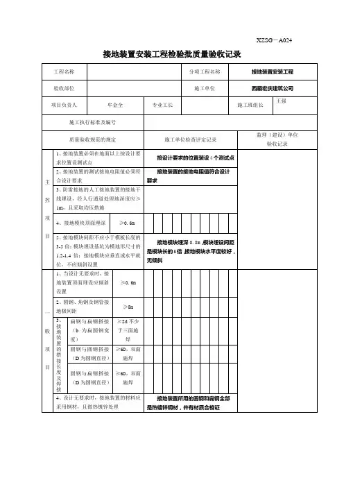 XZSG-A024 接地装置安装工程检验批质量验收记录
