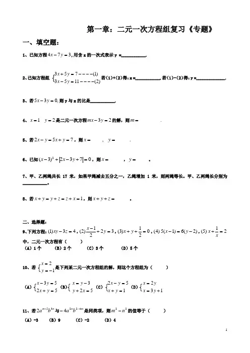 湘教版七年级数学下册 第一章 二元一次方程组 复习专题 (无答案)